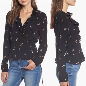 RAILS Simone Black Kyoto Floral Wrap Top Size S Tie Front Ruffle Trim Blouse